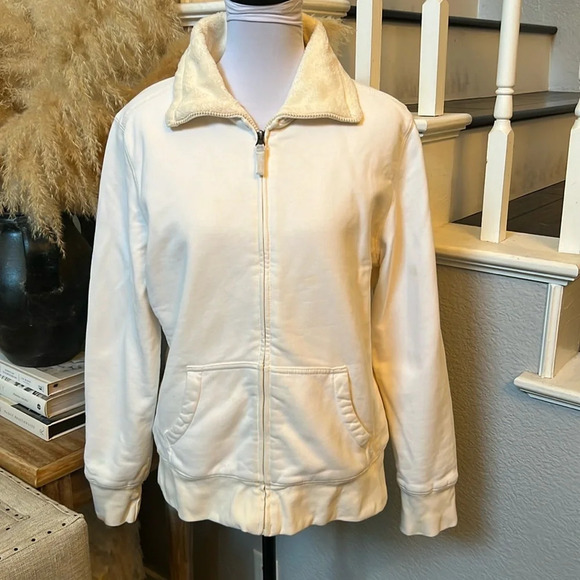 L.L. Bean Full Zip Cotton Stretch Jacket Ivory Fleece Lined Pockets Size Large - Picture 1 of 7